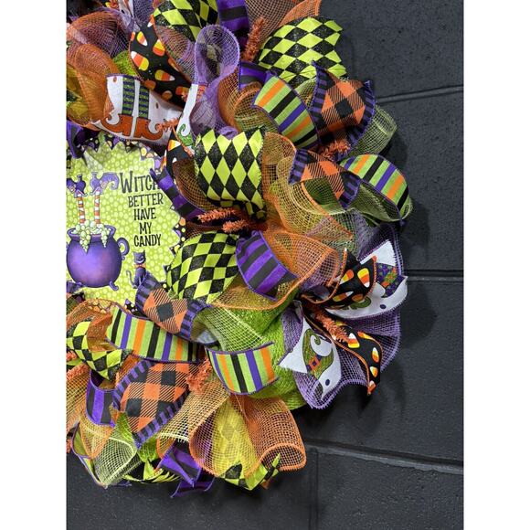 Halloween Witch Wreath Orange Purple Green Deco Mesh Handmade 24 Inch - Picture 3 of 8